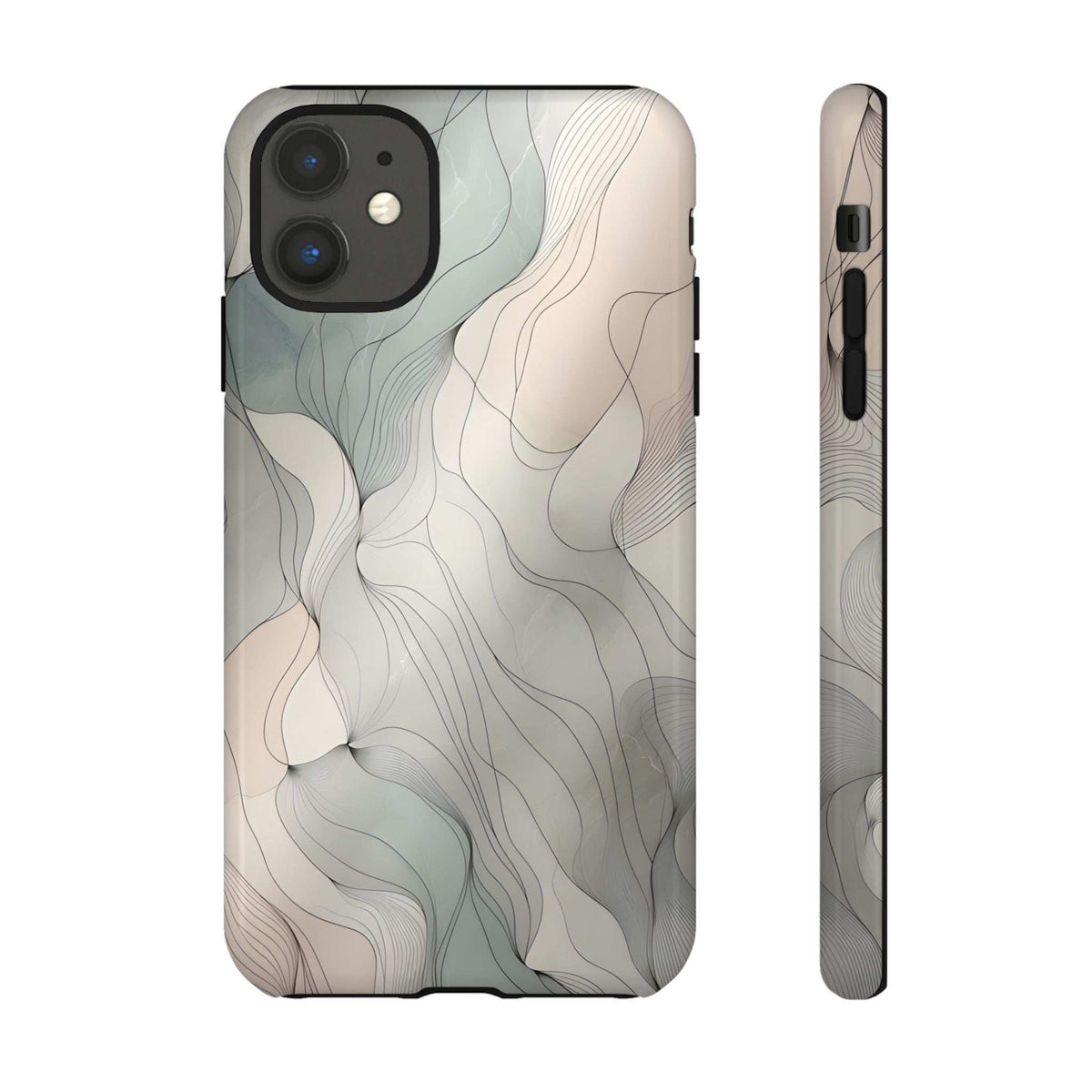 Pastel wave phone case with light cream background and blue/gray waves; camera cutouts visible