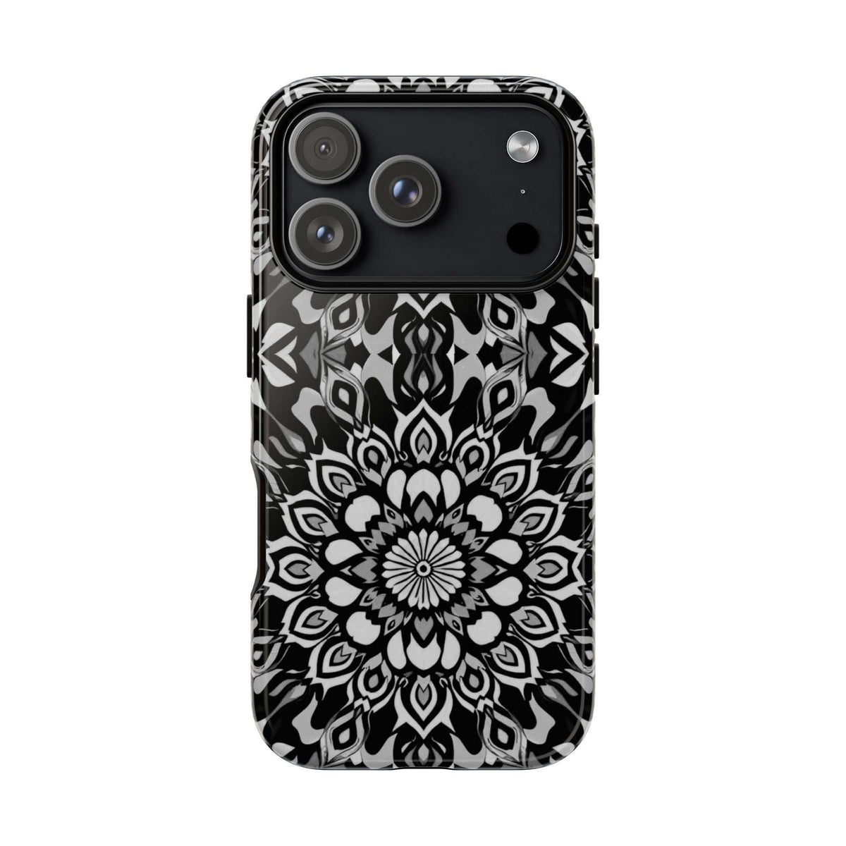 Phone case with black-and-white mandala print, triple camera cutouts and flash