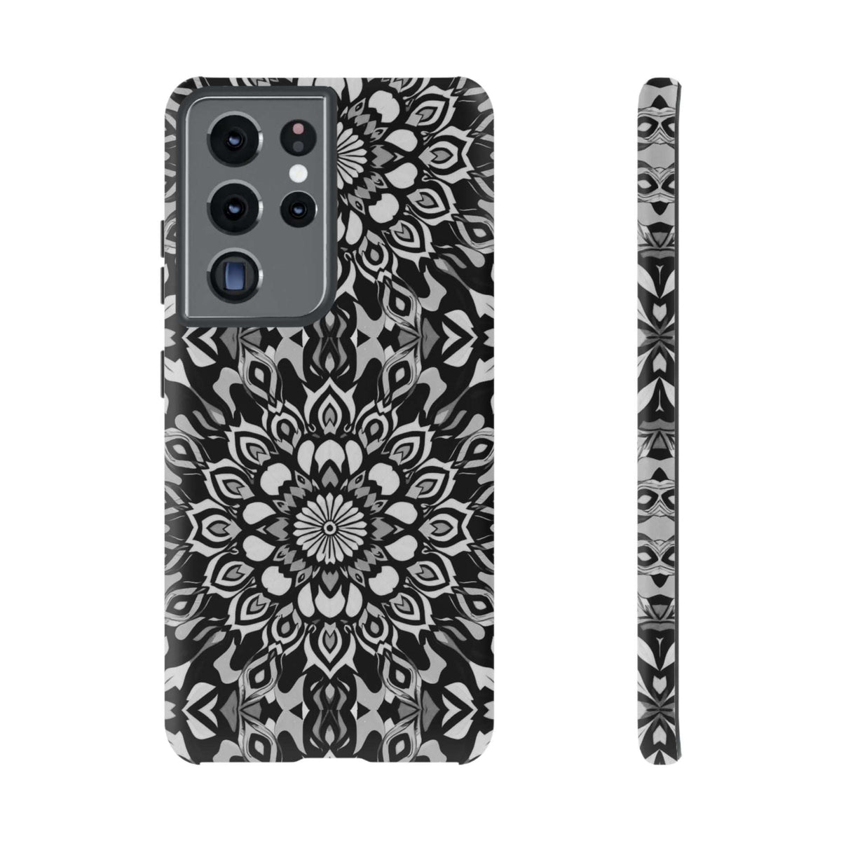 Mandala phone case with black-and-white mandala artwork and camera cutouts on back