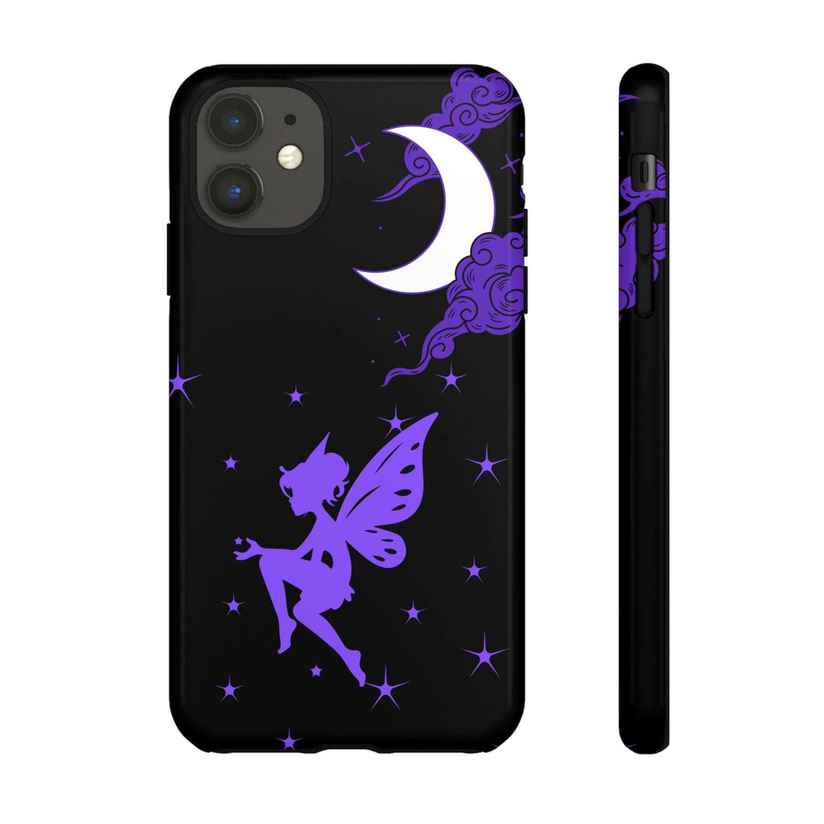 Black phone case with purple fairy silhouette, moon and clouds; camera lens cutout