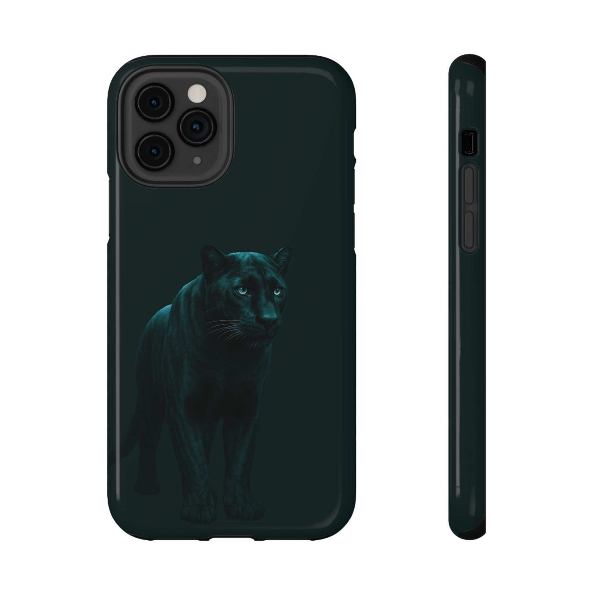 Phone case with dark panther graphic, camera cutouts, and side buttons; glossy finish