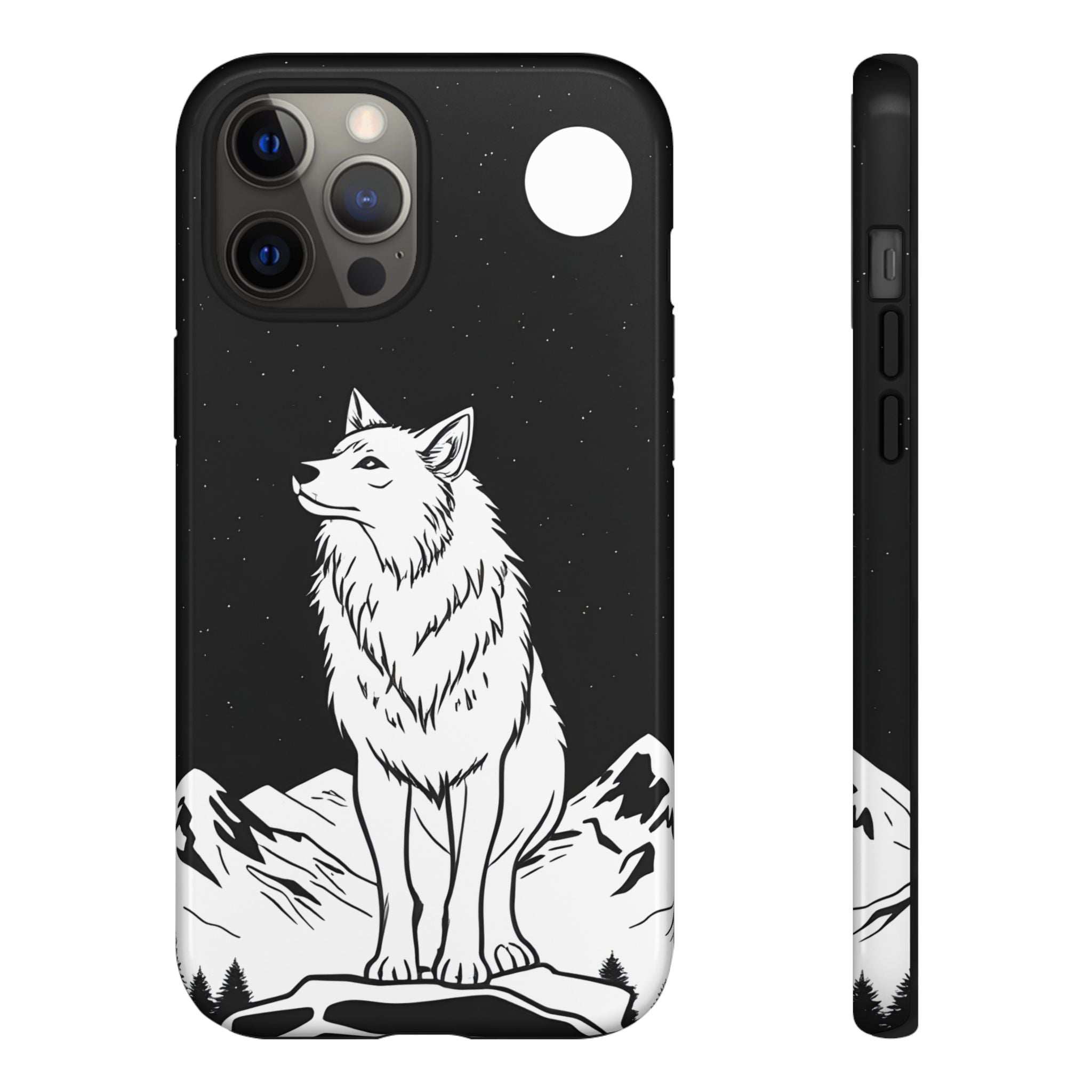 Black phone case with white wolf illustration, moon circle, mountain rocks, and side button cutouts