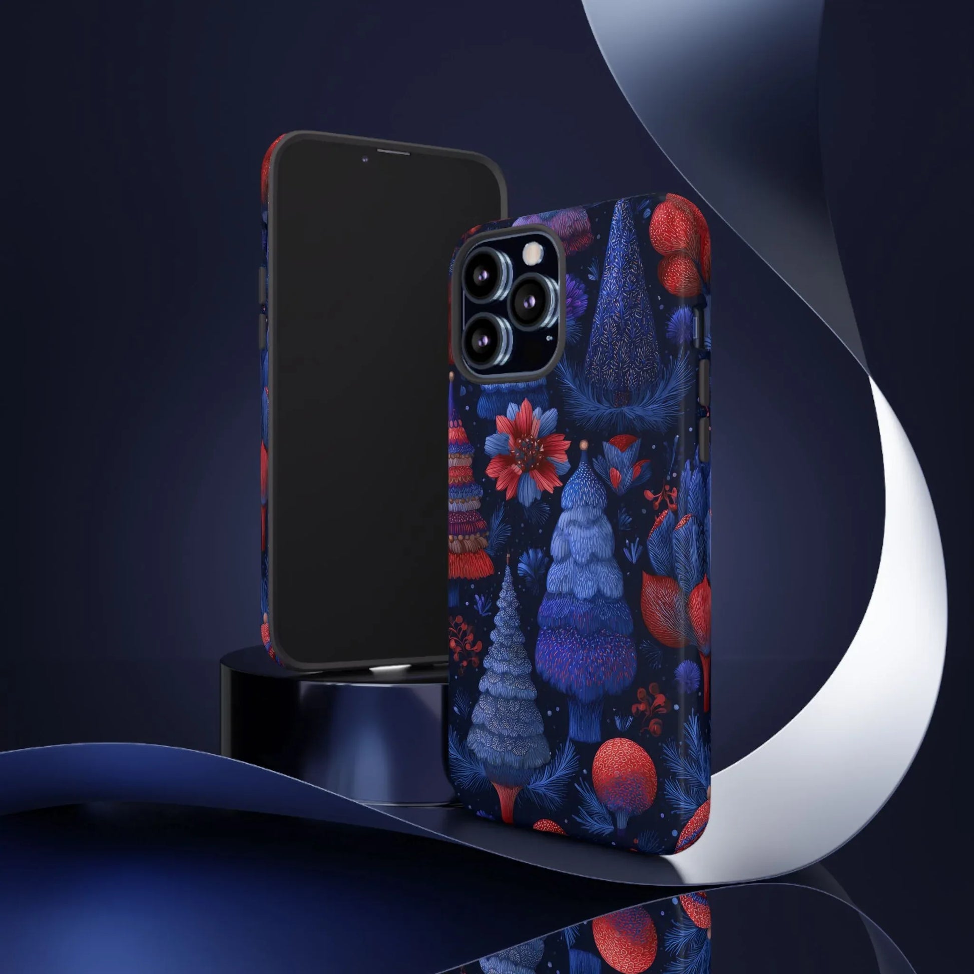 Midnight Blue Christmas Forest Phone Case for iPhone 8-17 and Galaxy S21–S25 - KARARMDESIGN