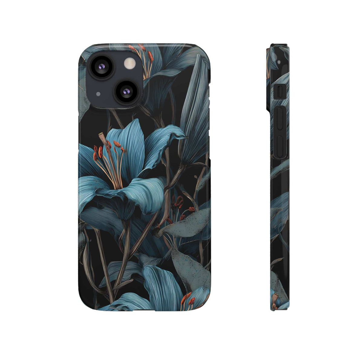 Phone case back view with blue floral leaves on dark base and camera opening cutouts