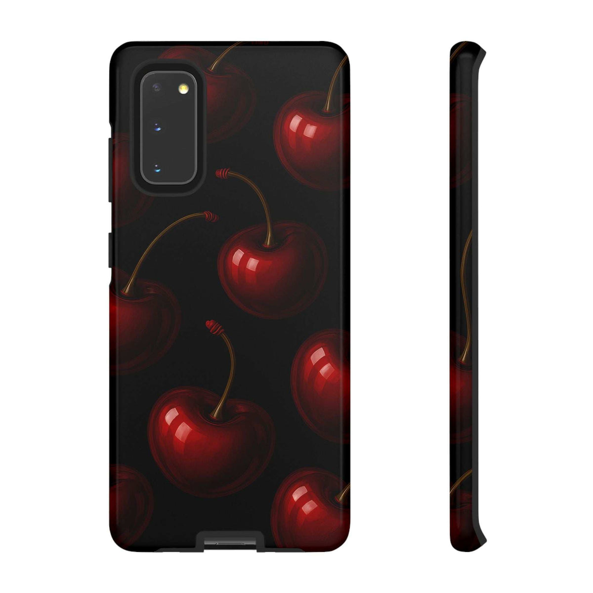 Cherry phone case with glossy dark finish, red cherries pattern, and camera cutout