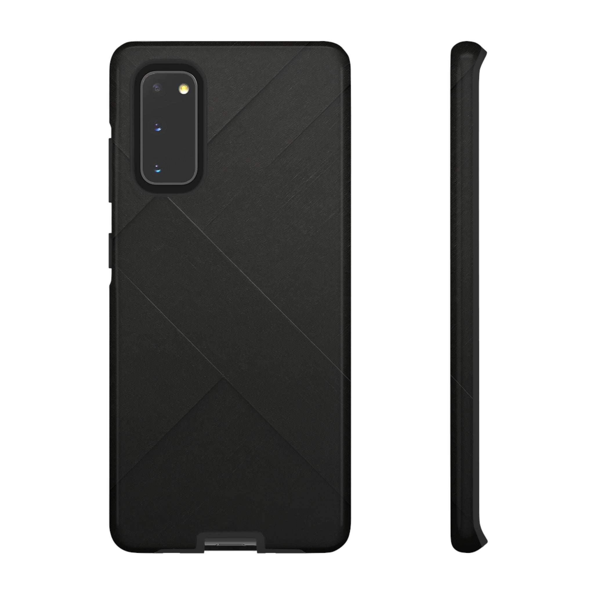 Matte black phone case with diagonal line pattern and open side ports