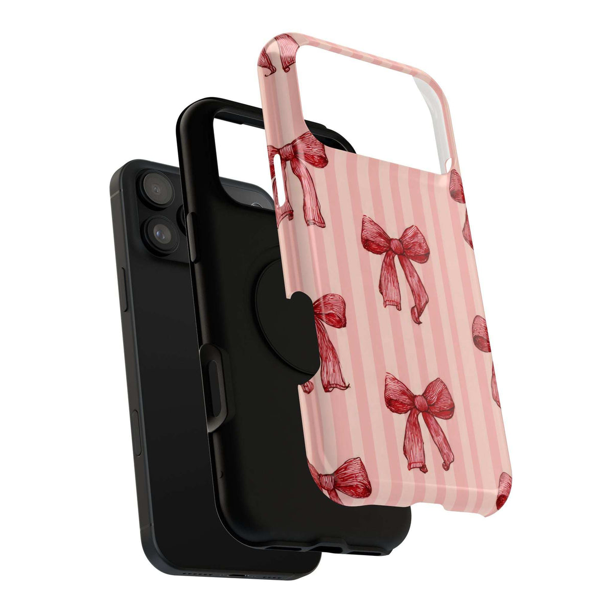 Pink phone case with red bow-and-stripe print; transparent bumper and camera openings.