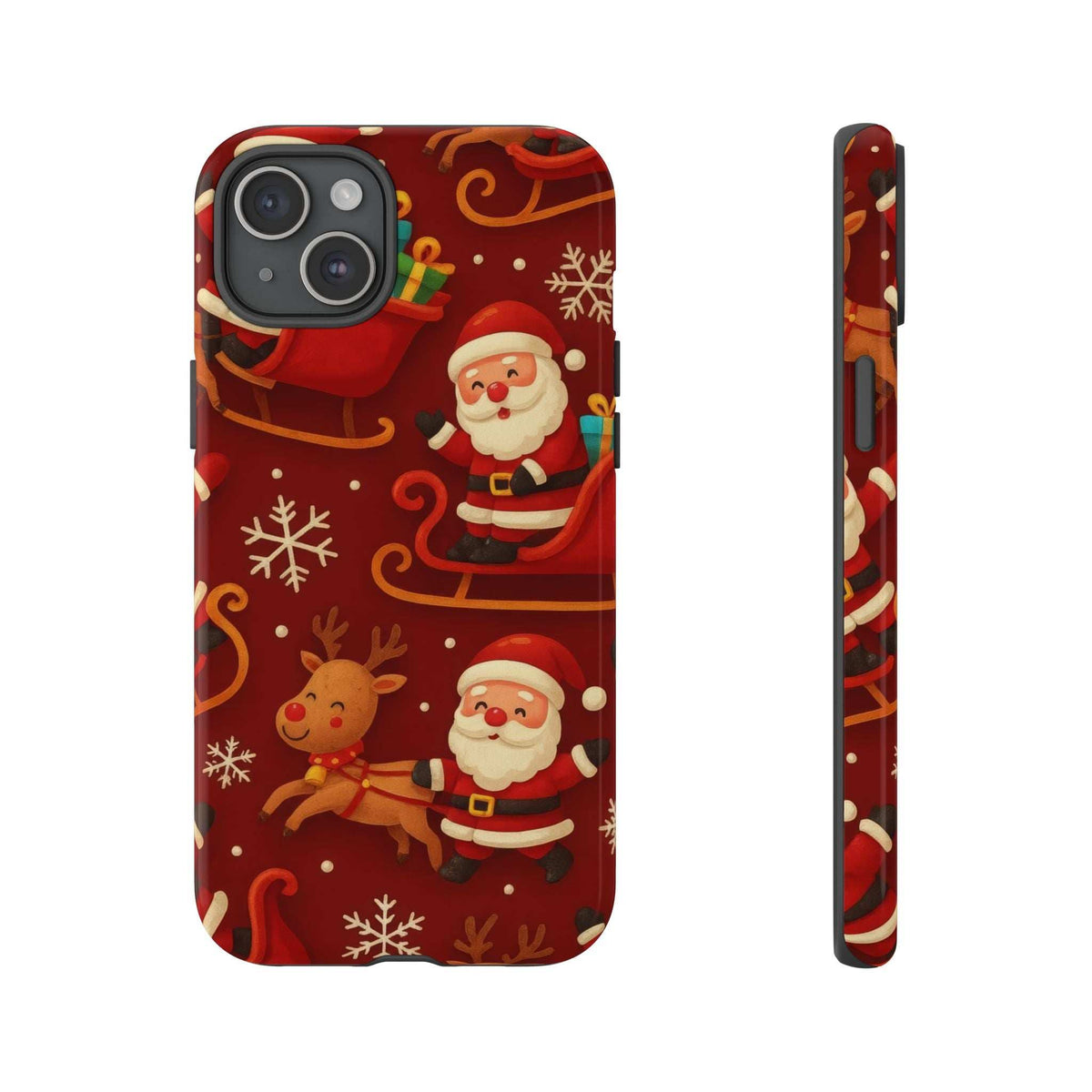 Glossy Santa sleigh and reindeer phone case, front view with raised camera ring cutout
