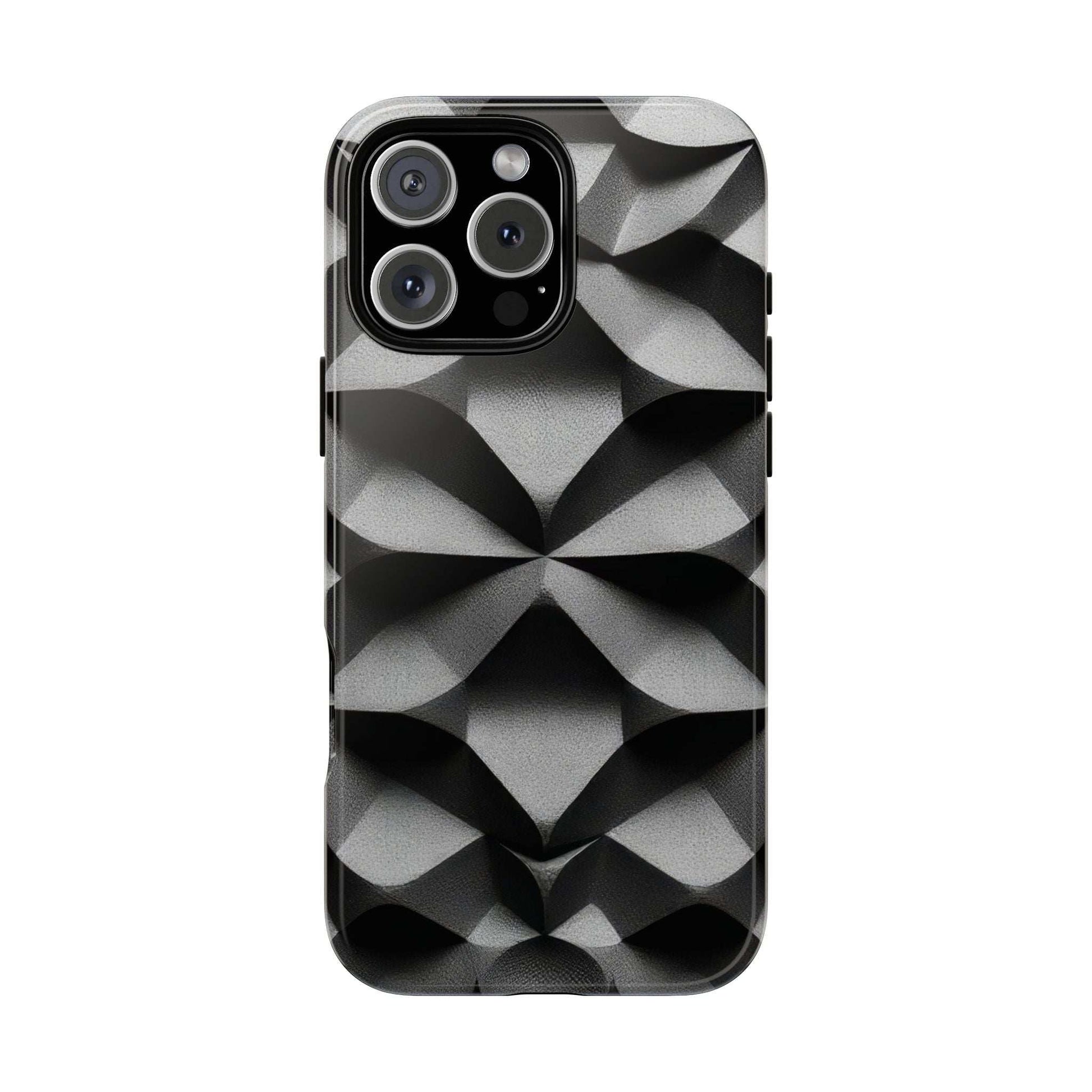 Rugged phone case with black and gray geometric pattern; raised camera section and openings