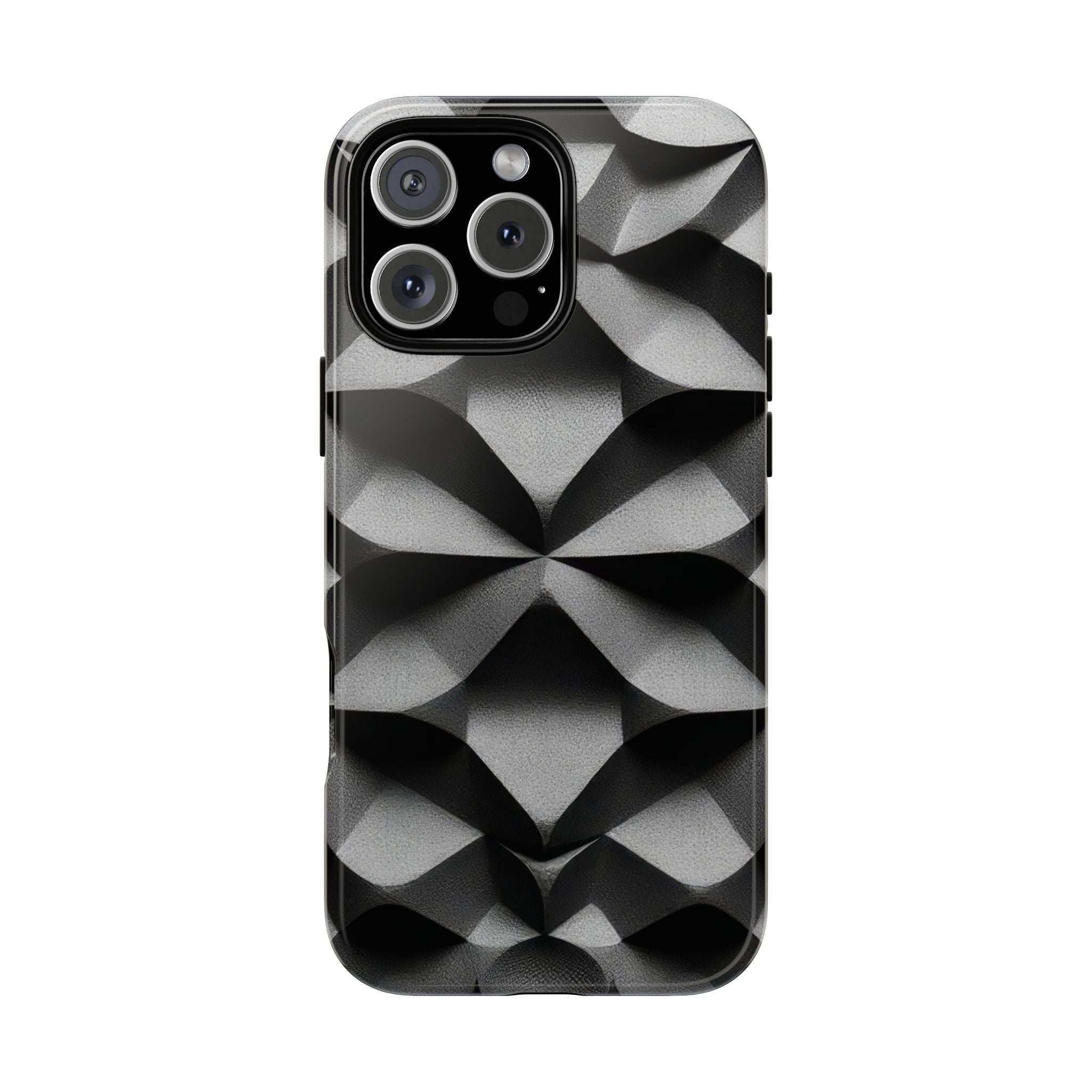 Rugged phone case with black and gray geometric pattern; raised camera section and openings