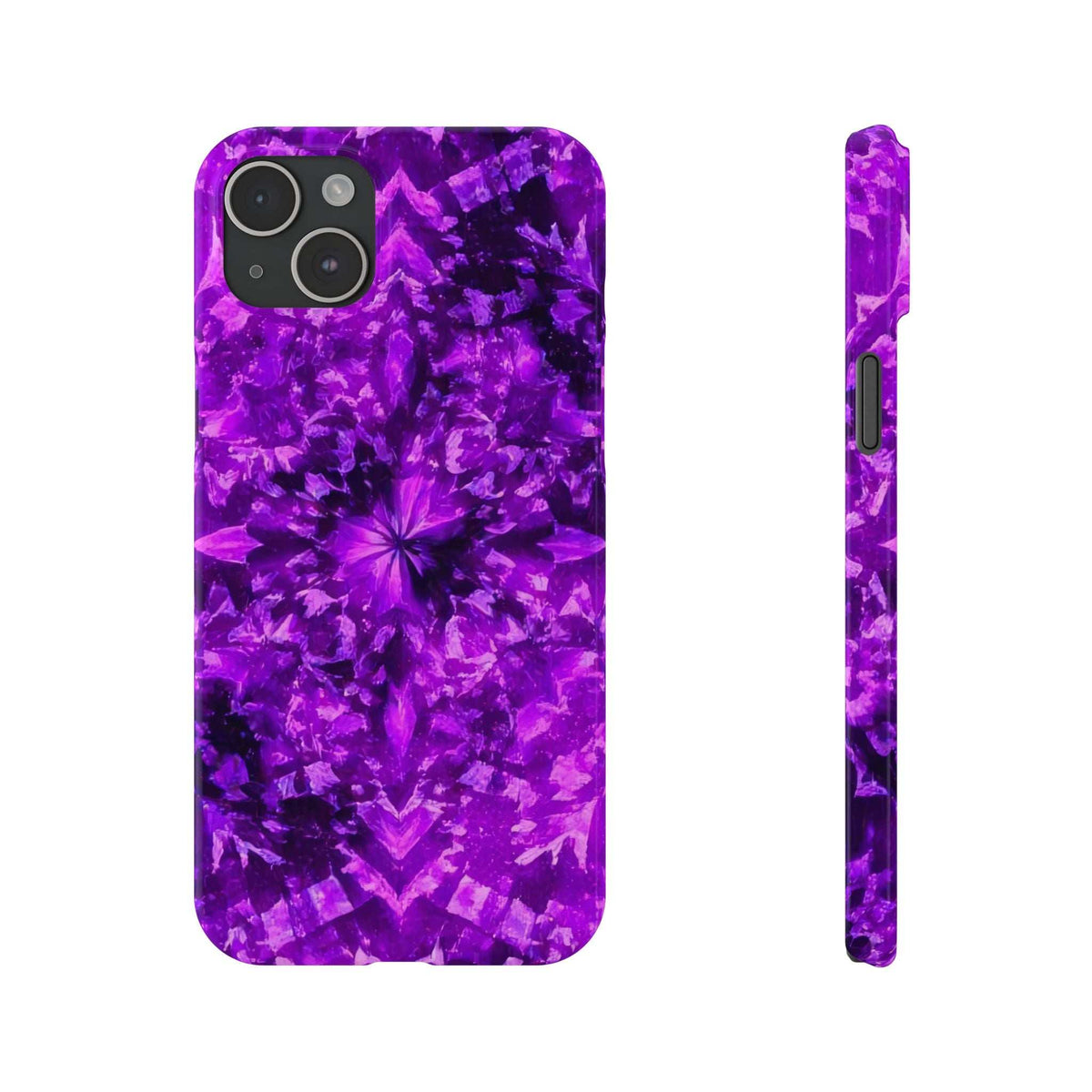 Purple kaleidoscope phone case, centered starburst pattern; side edge and cutouts