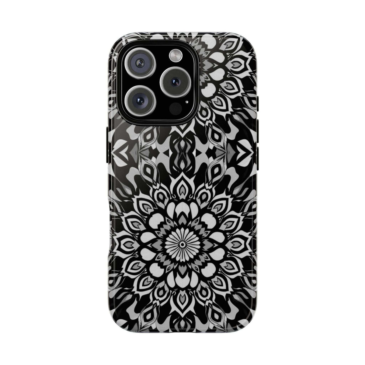 Phone case featuring a bold mandala flower pattern with a multi-lens camera cover