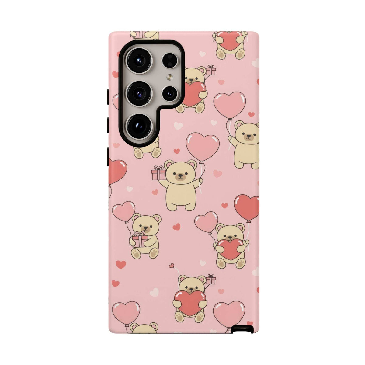 Pink phone case featuring teddy bears and hearts with raised camera cutout