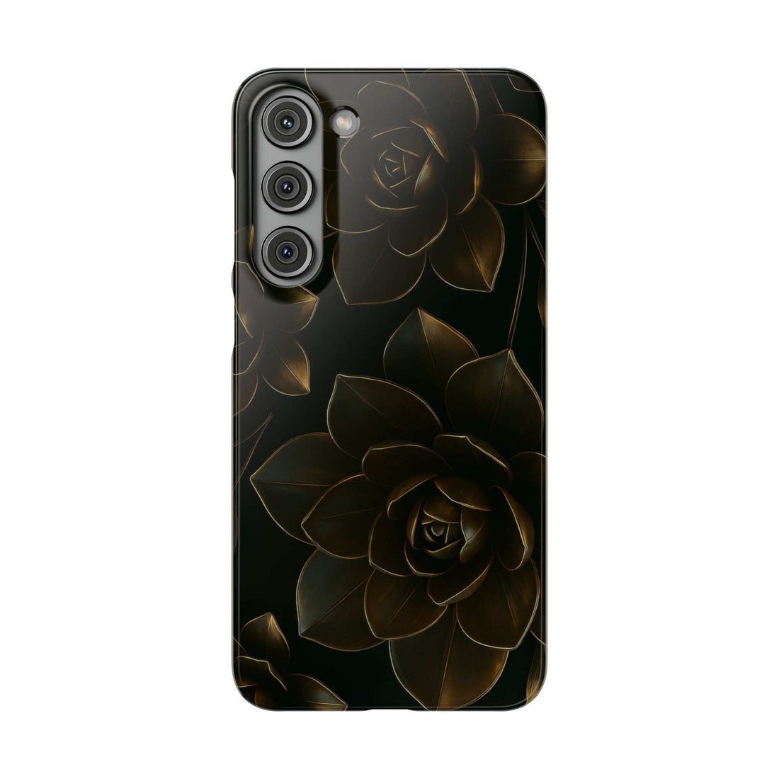 Black glossy phone case with gold rose and leaf pattern; multi-camera openings