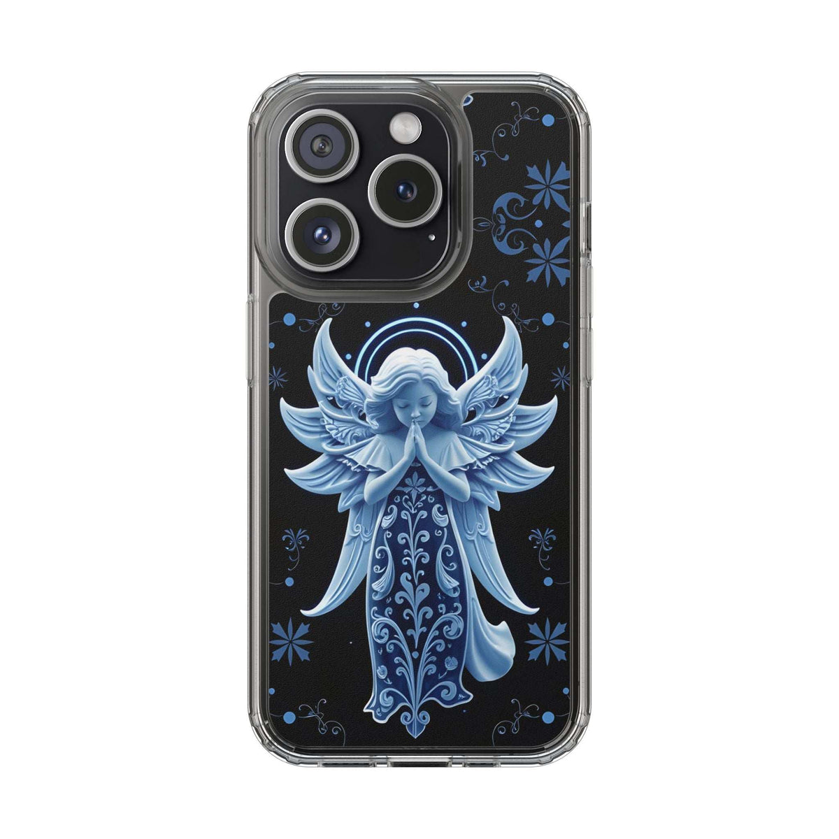 Clear phone case with blue angel praying design and patterned border details