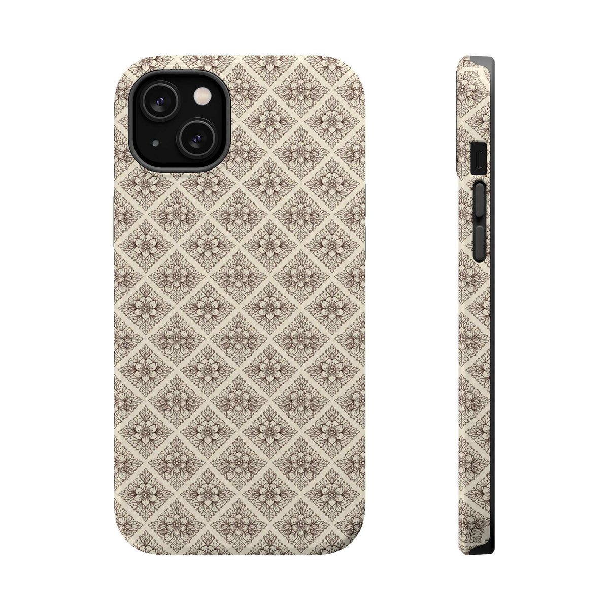 Beige ornate patterned phone case front view with camera cutout and slim side view