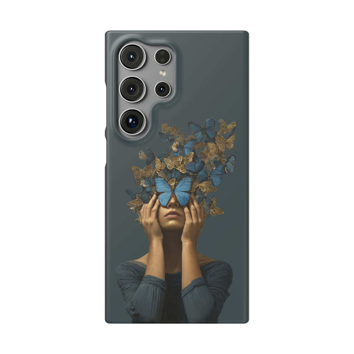 Dark gray phone case with butterfly face artwork in blue and gold, quad-camera cutouts