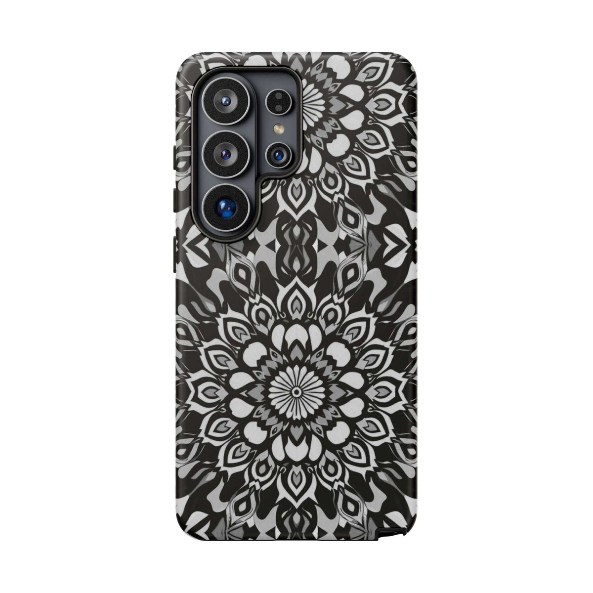 Phone case with black-and-white mandala print, quad camera cutouts and flash