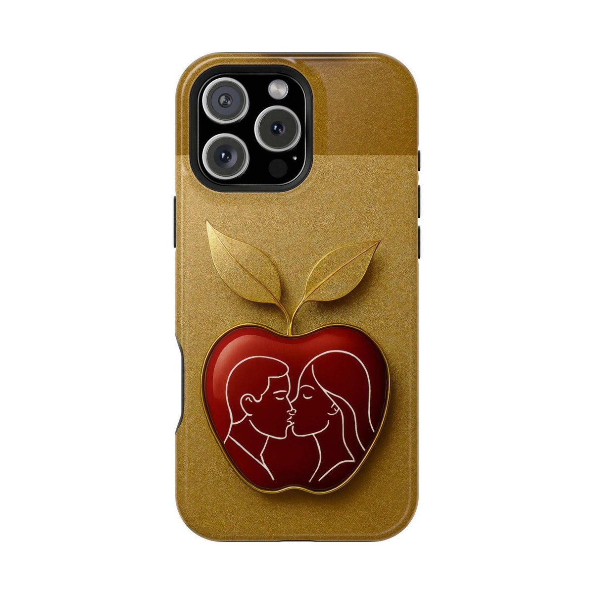Gold glitter iPhone case with red heart couple, apple leaves, and side button cutouts