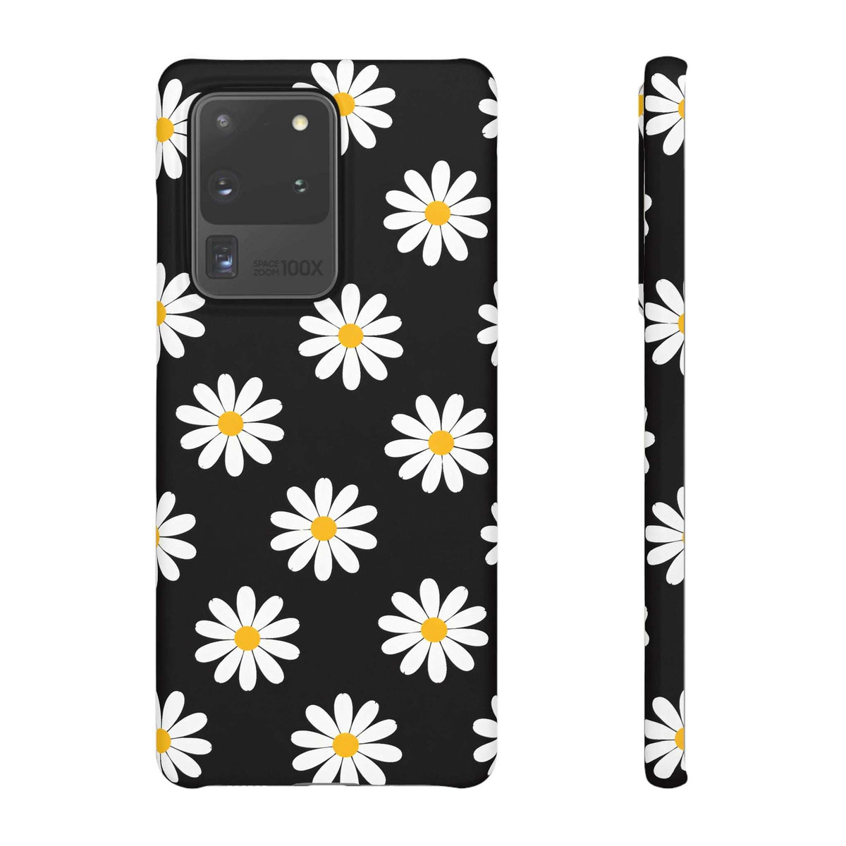 Black phone case with scattered white daisies and yellow centers, showing side profile edge.