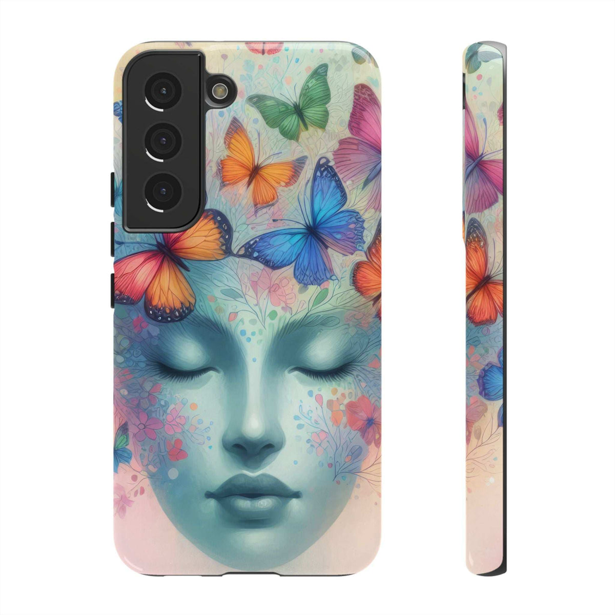 Phone case with pastel butterflies and floral face artwork, raised camera panel
