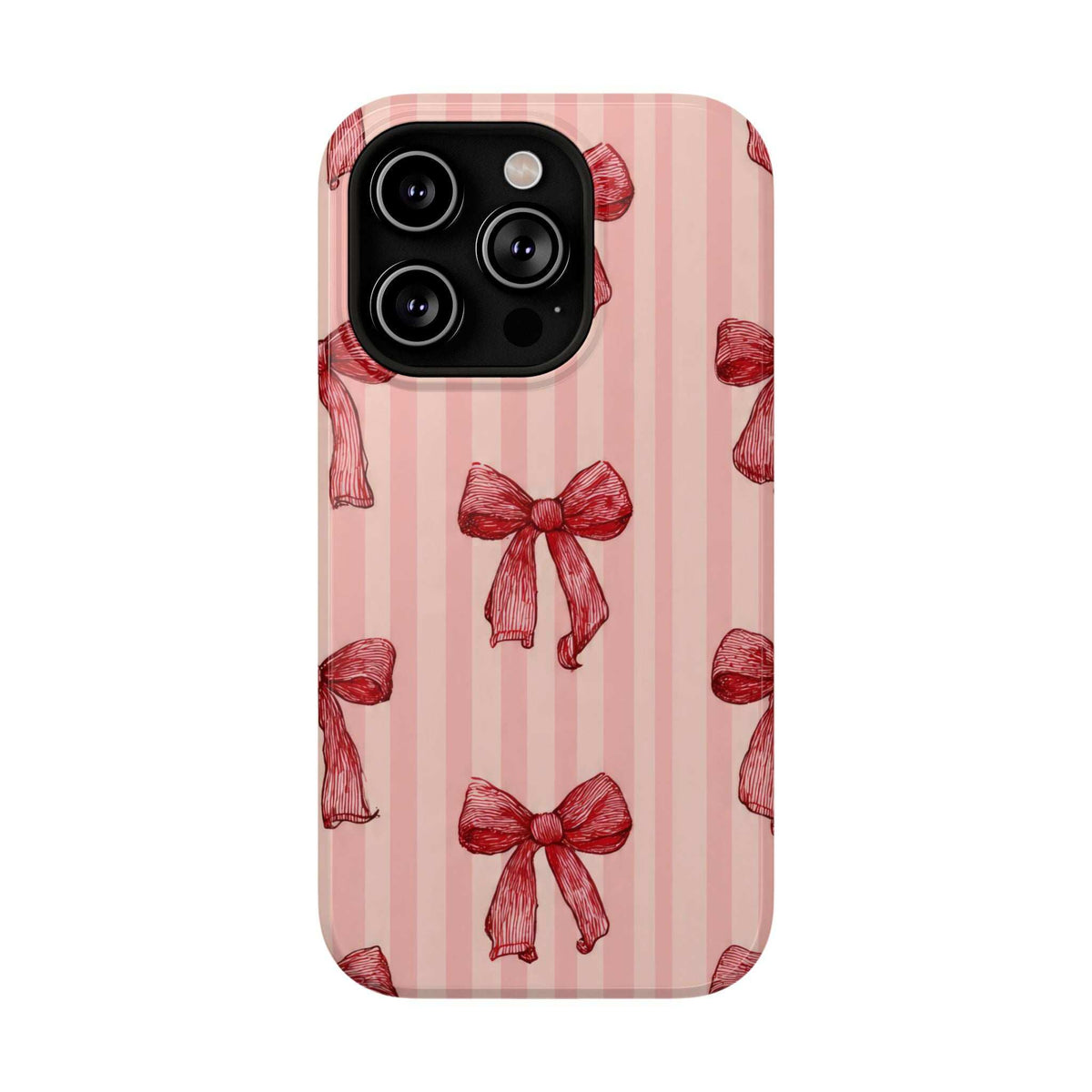 Pink phone case with red stripe pattern and red bow print, raised black camera housing