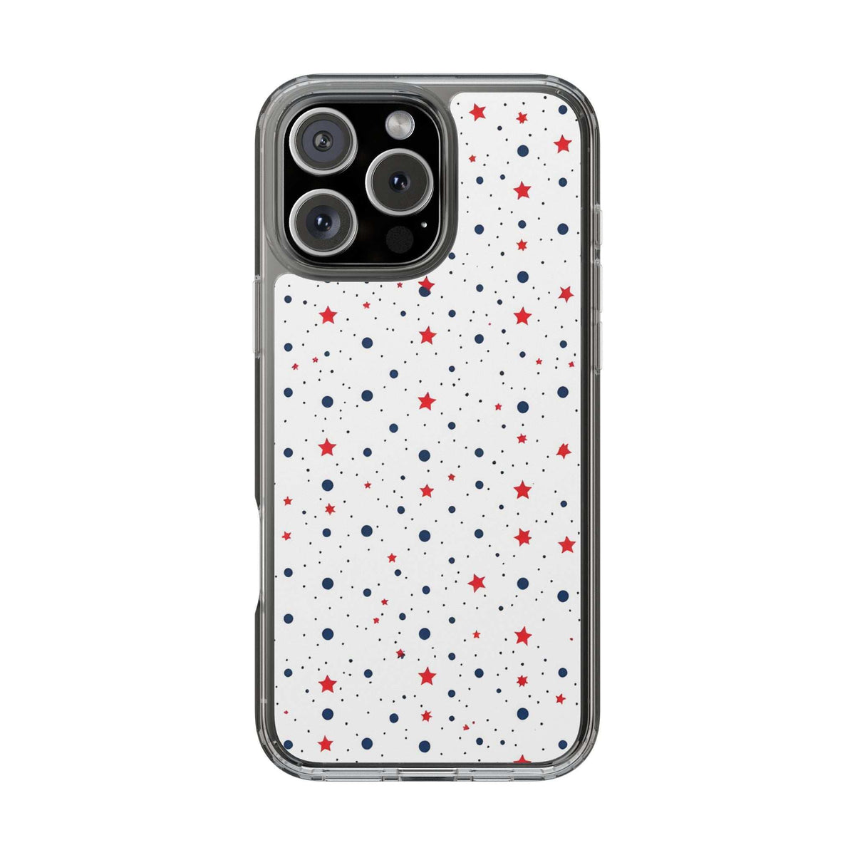 Clear phone case with red star and blue dot pattern on white; front camera cutout