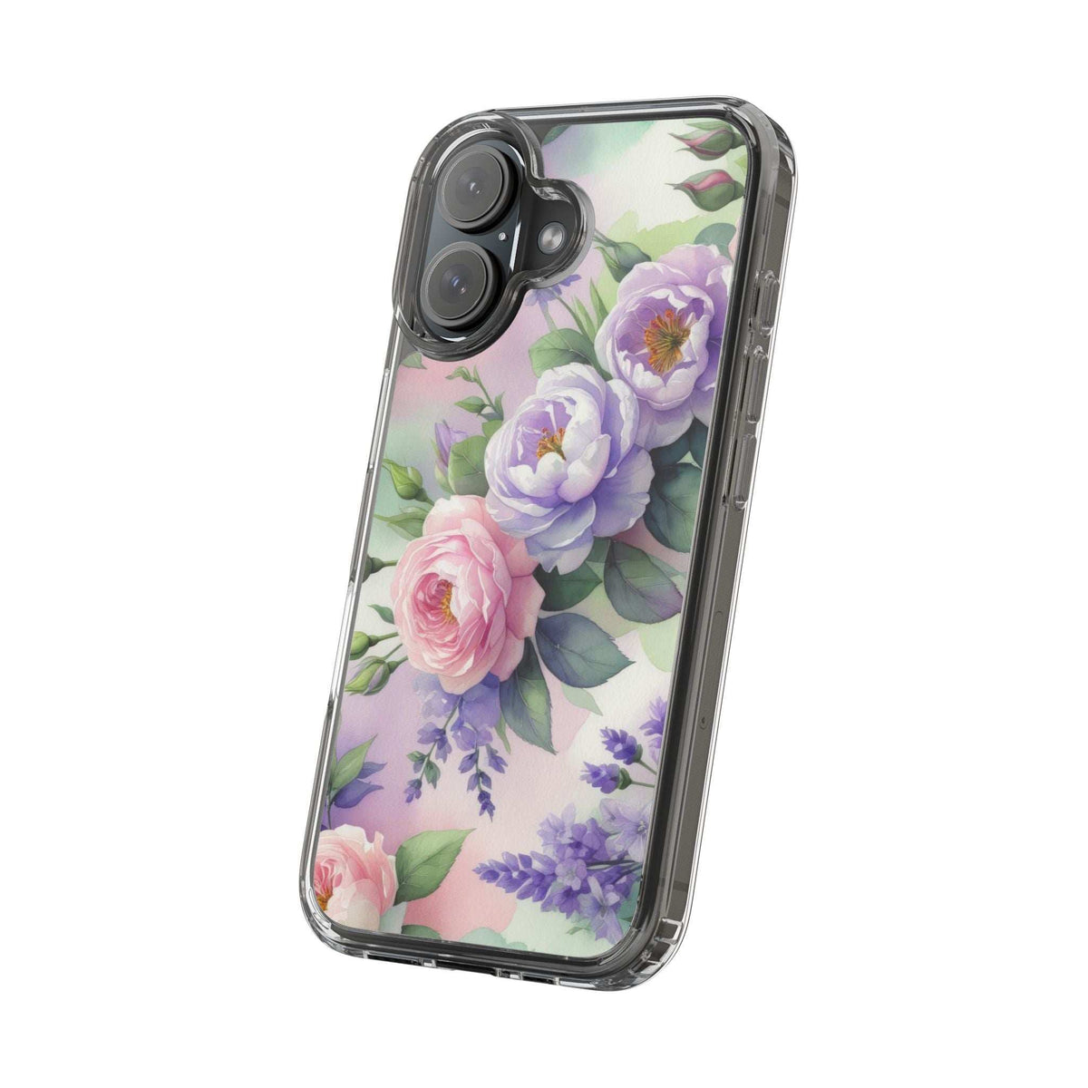 Clear floral phone case, transparent cover with purple and pink peony flowers and leaves