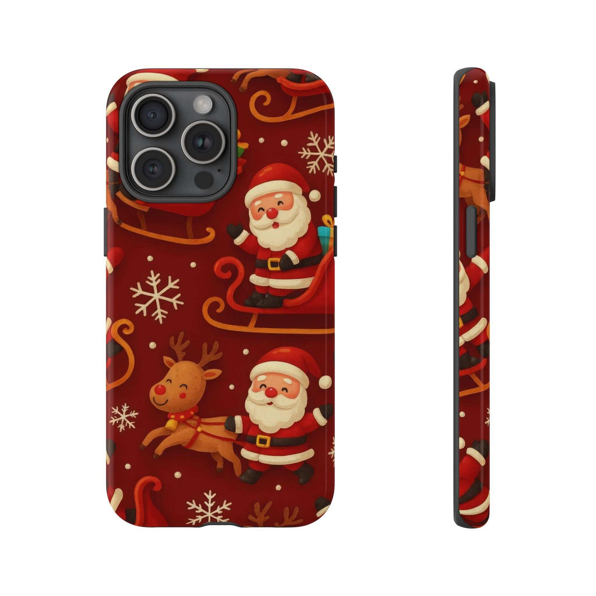 Glossy Santa and reindeer holiday phone case, front view with four camera lens openings