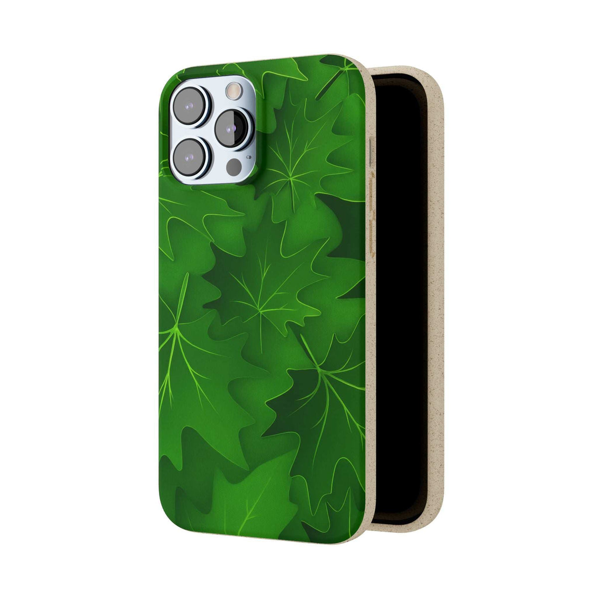 Green botanical phone case with open beige edge and camera cutout