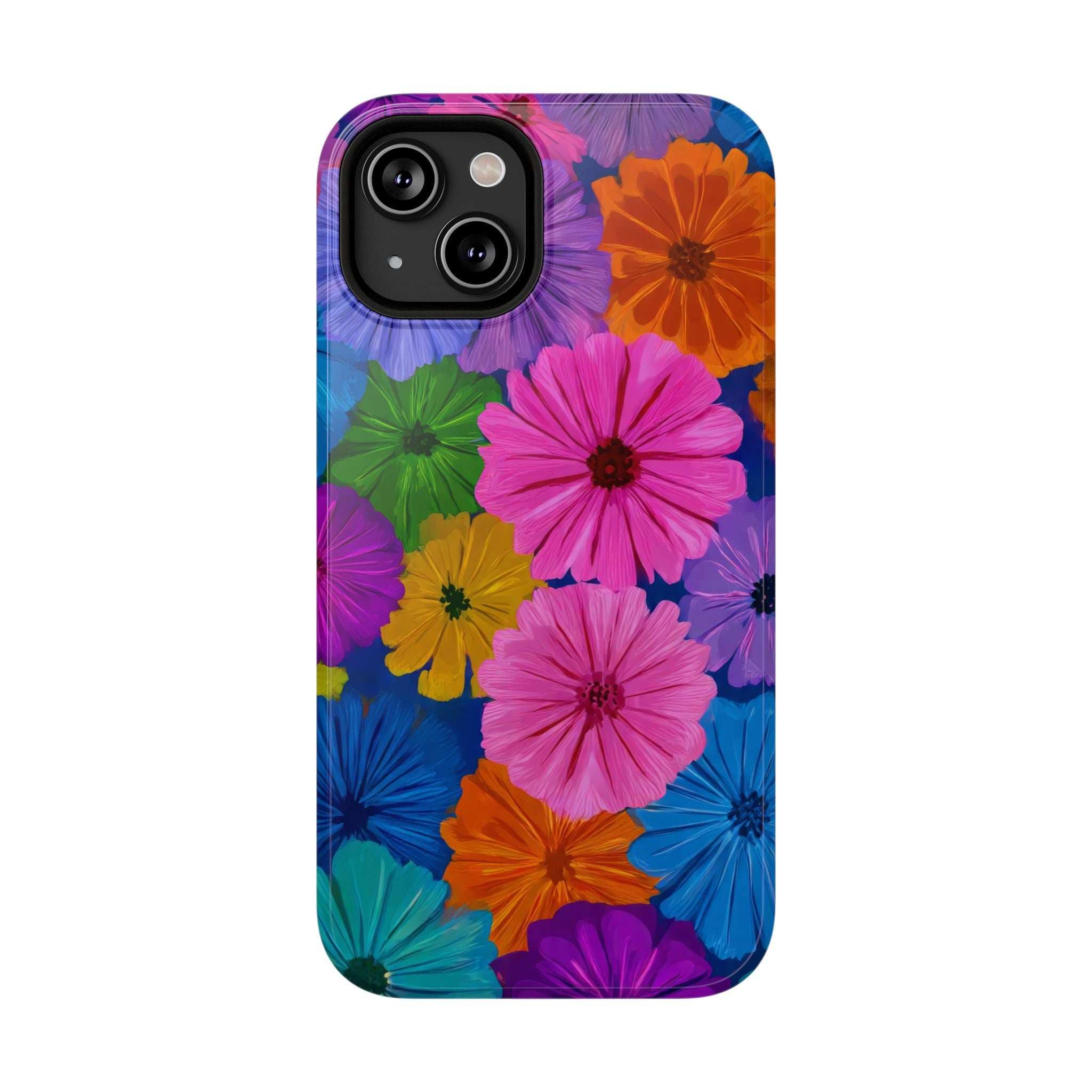 Colorful floral phone case with raised camera cutout, purple border and pink flower center