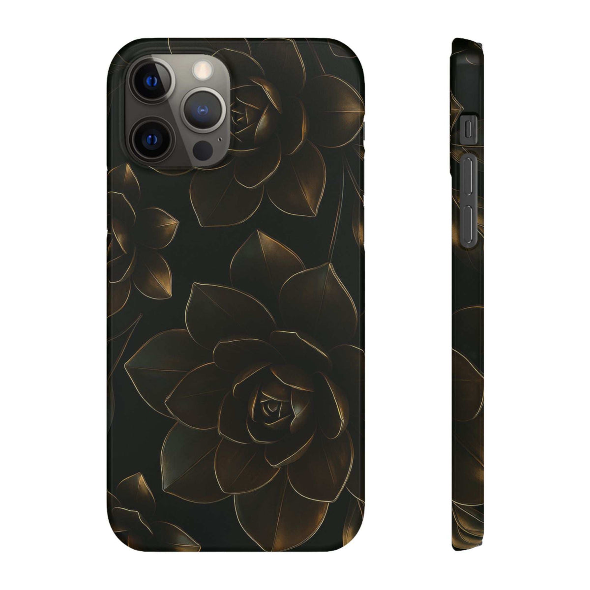 Glossy black phone case with gold rose and leaf line art; raised camera cutouts.