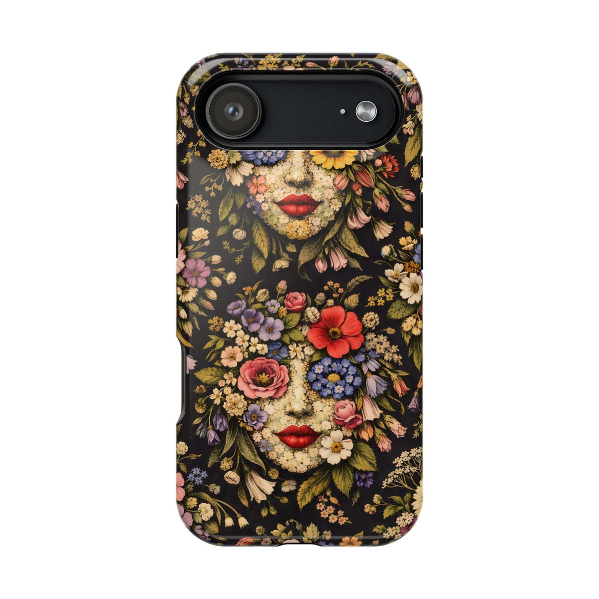 Black floral face phone case with red lips, back camera bar and flash, flower bouquet design