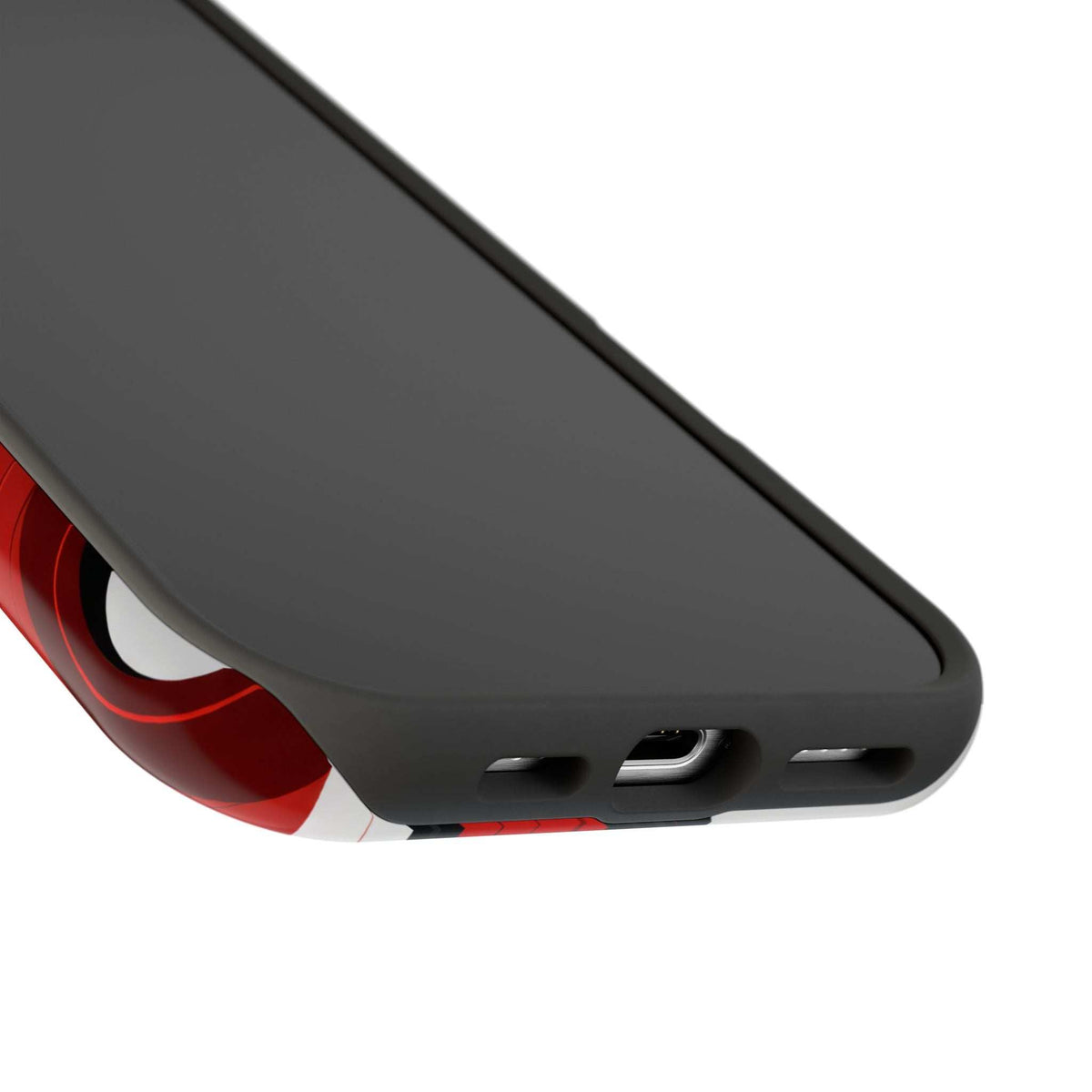 Glossy phone case side view with button cutouts and red heart swirl pattern