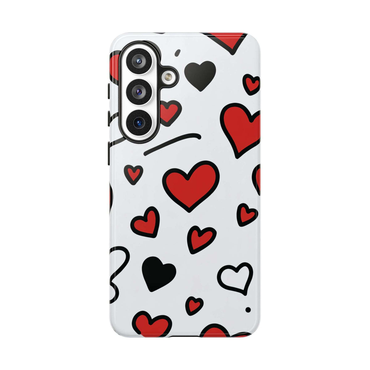 White phone case with scattered hearts; angled view showing camera cutouts