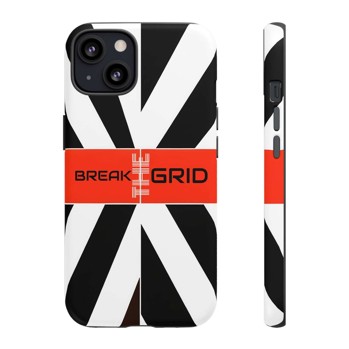 Phone case with black-and-white geometric stripes, red "Break Grid" band, front and side view.