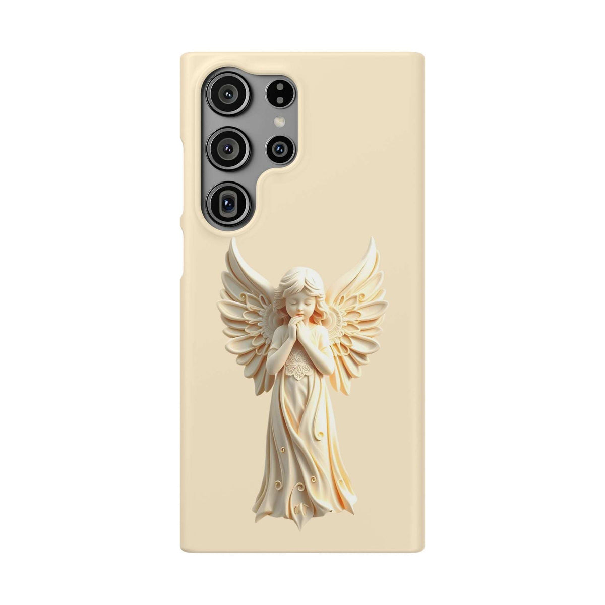 Light beige phone case with raised angel figurine, wings detail, and camera cutouts