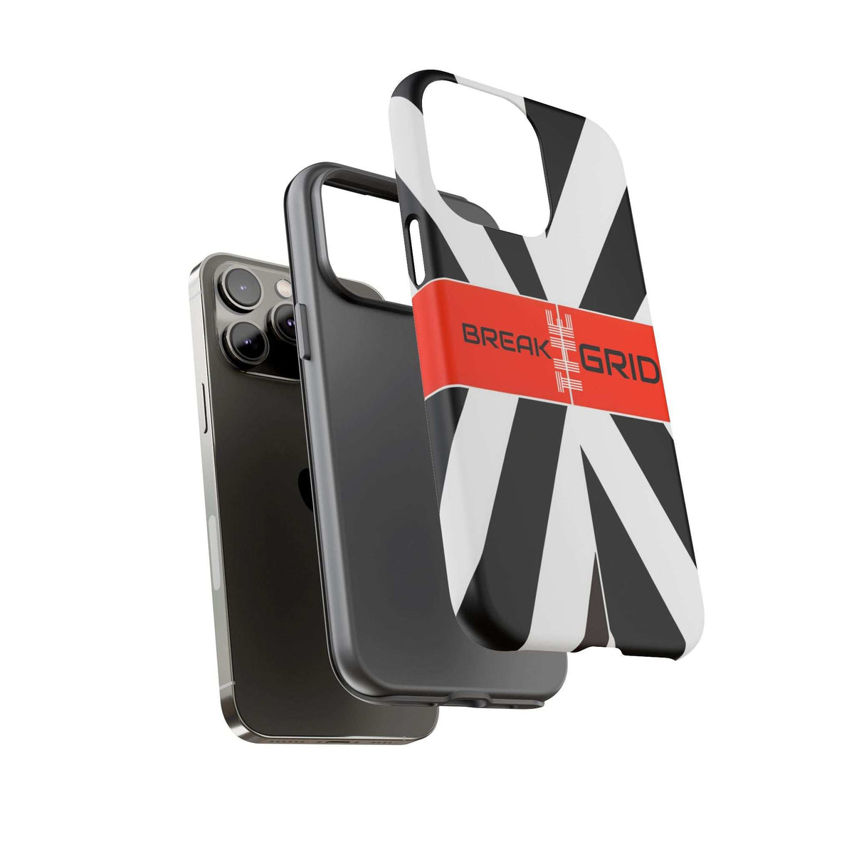 Break Grid phone case with raised camera cutouts, black-and-white stripes and orange “Break Grid” band