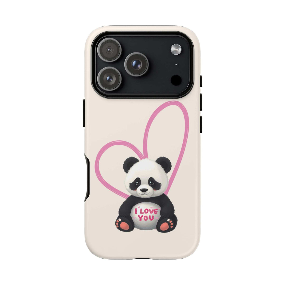 Cream iPhone phone case with panda-heart design and “I love you,” quad-lens camera cutout