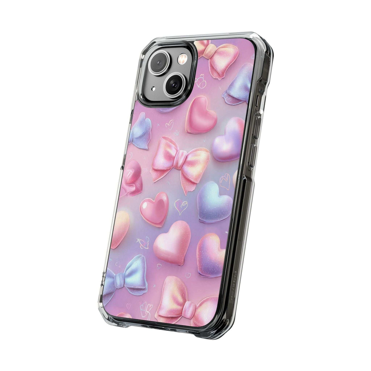 Phone case with pastel hearts and bows, clear bumper, raised camera cutouts