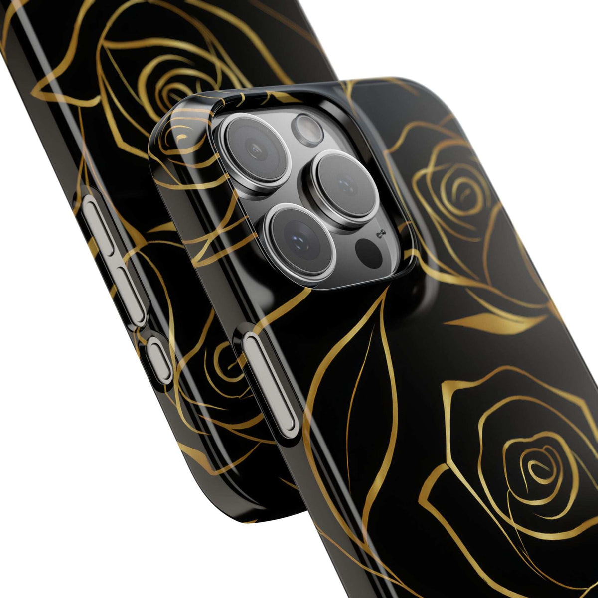 Close-up of black iPhone phone case with gold roses and raised camera lens covers