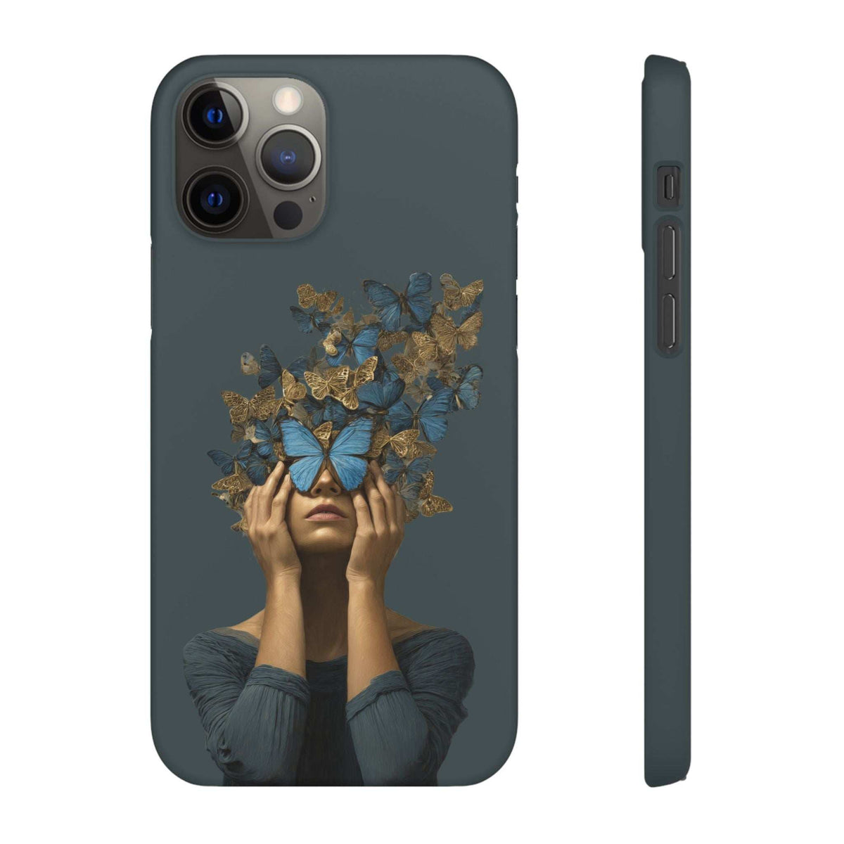 Dark gray phone case with blue-and-gold butterfly portrait; multi-lens camera cutout and side buttons