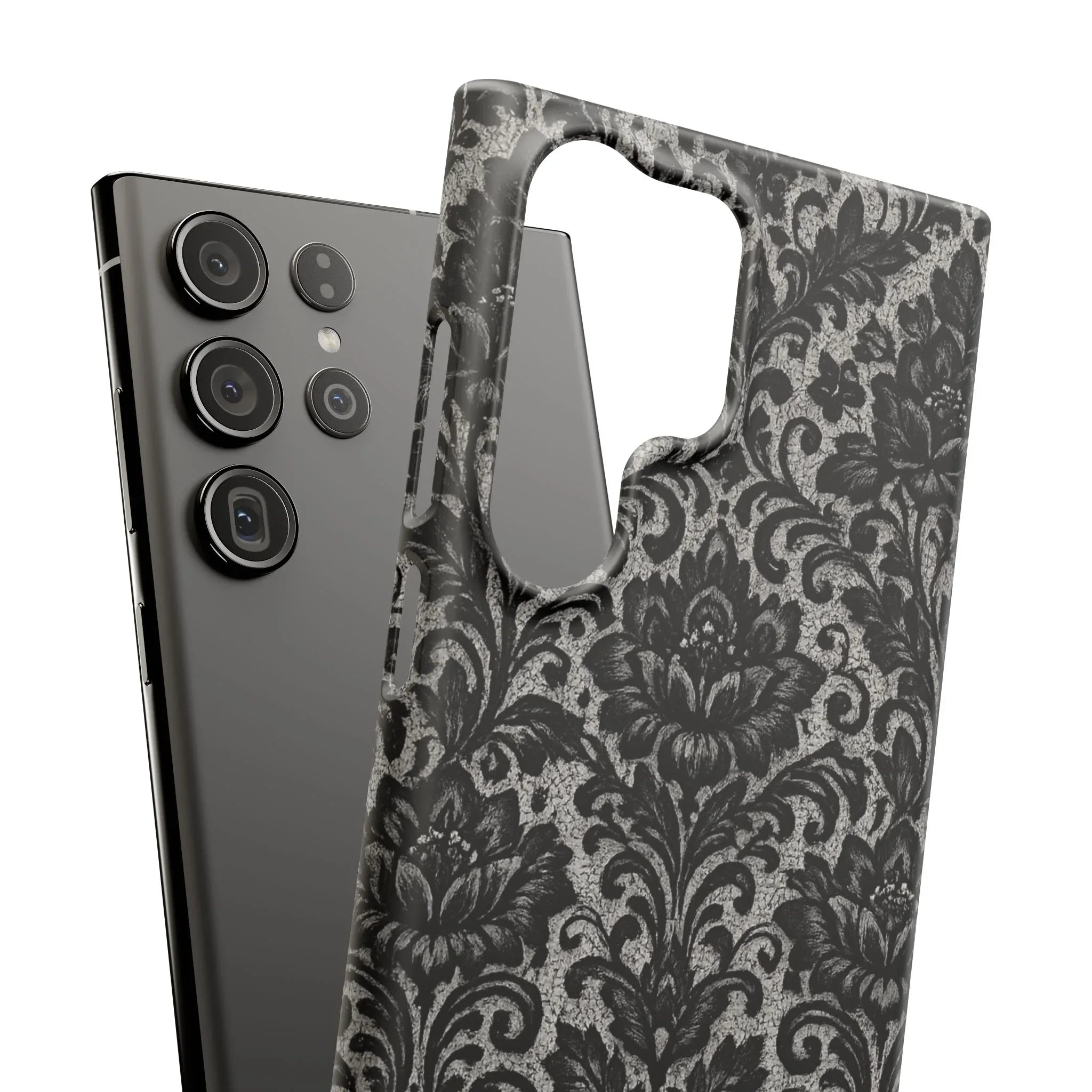 Black Damask Floral Phone Case for iPhone 11-17 and Galaxy S20-S25 - KARARMDESIGN