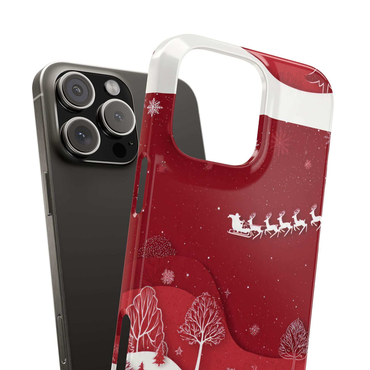 Festive winter phone case, red design with sleigh and trees; visible camera cutout and edges.
