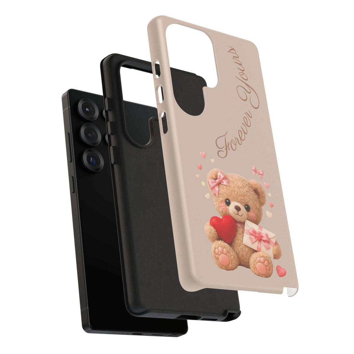 Beige phone case with teddy bear artwork and raised edges for camera and screen