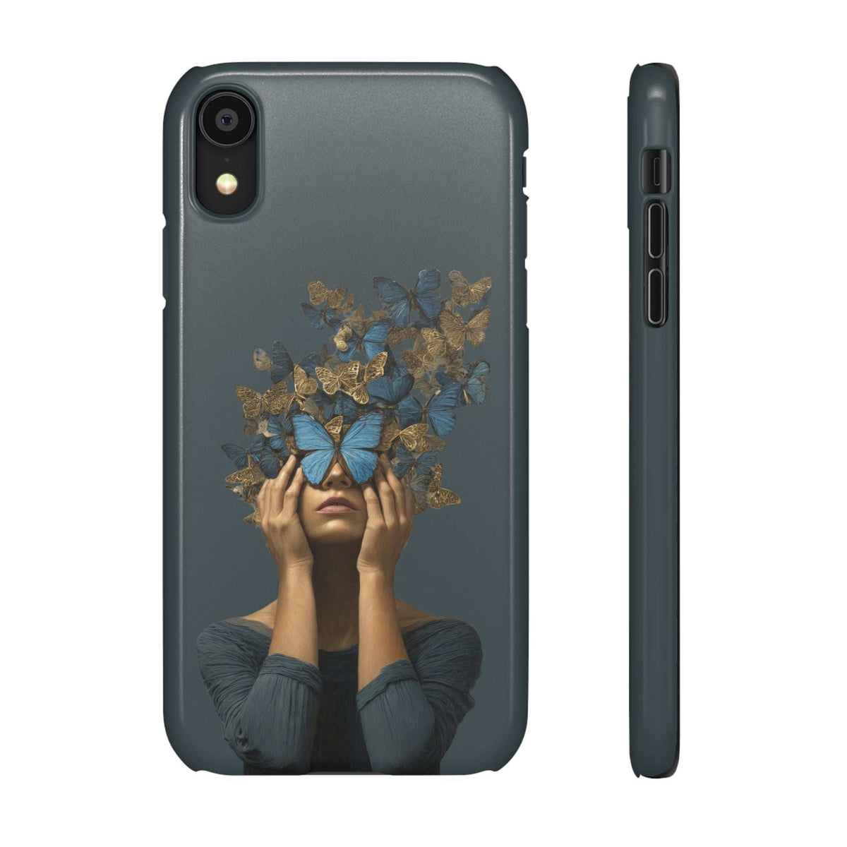 Dark gray phone case with butterfly face design and raised edges around camera cutout