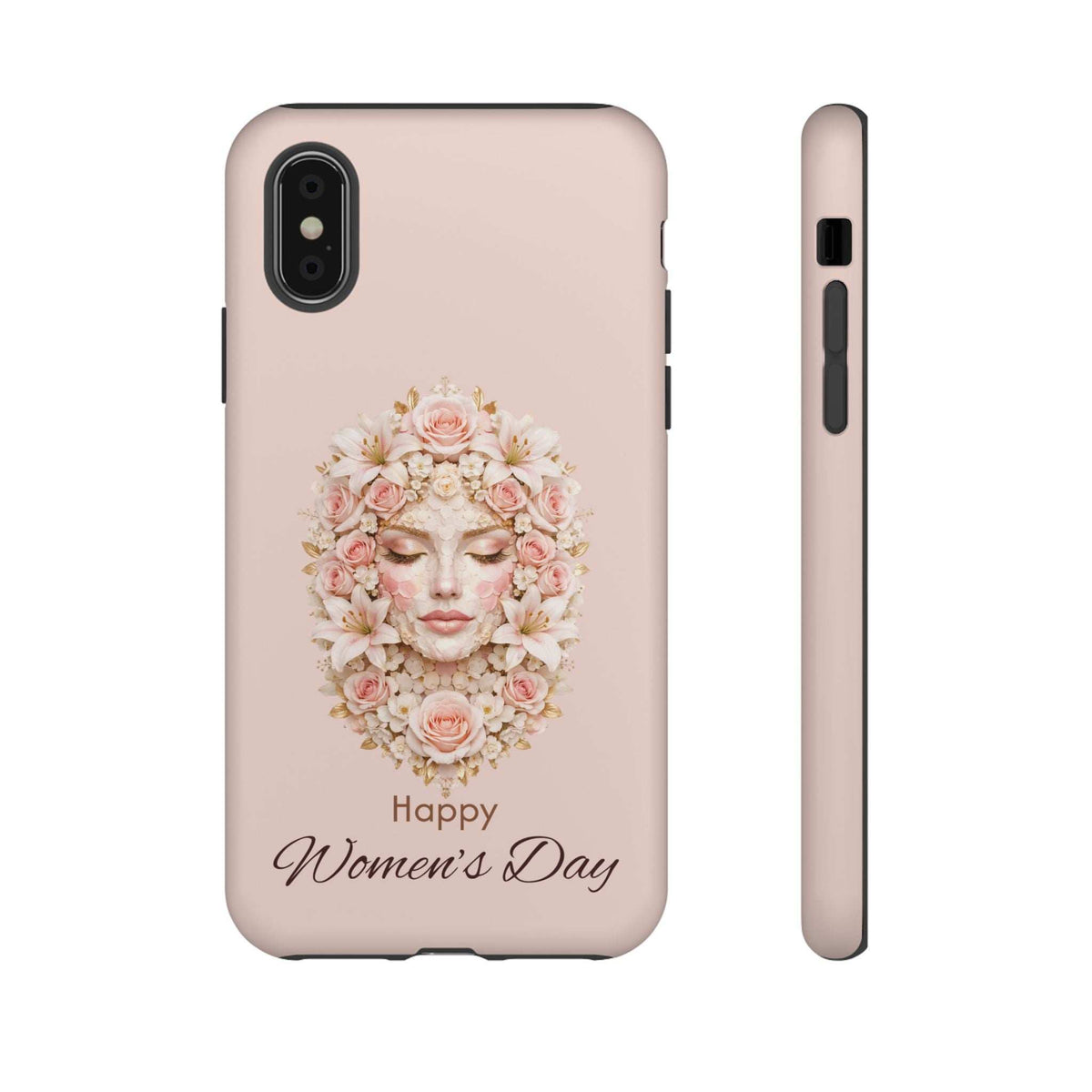 Pink iPhone case with flower crown woman portrait and “Happy Women’s Day” lettering