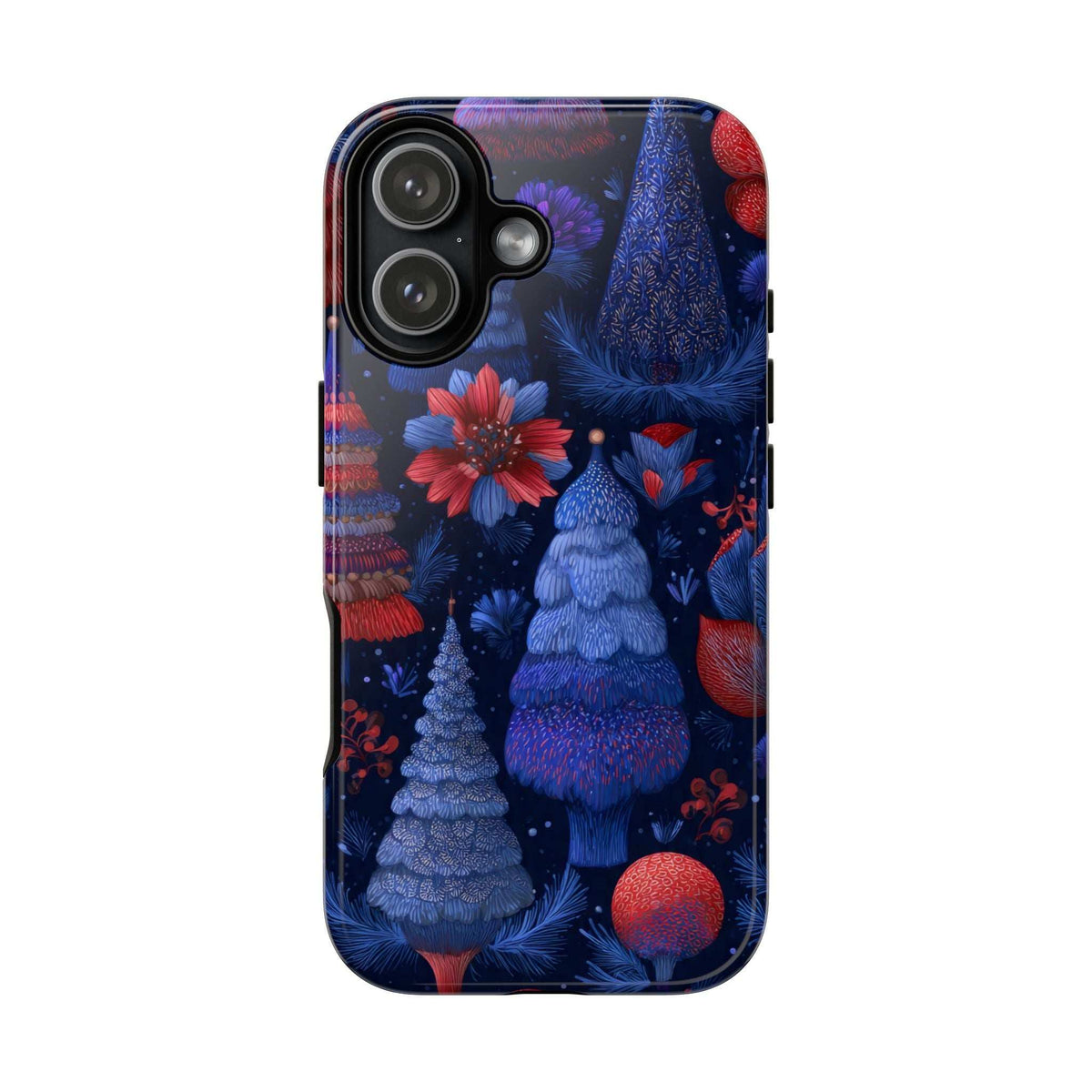 Glossy midnight blue Christmas forest phone case with tall pine trees and red ornament highlights.