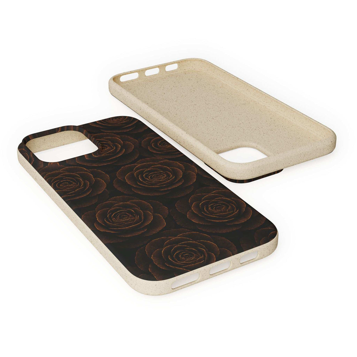 Beige backless phone case with dark rose pattern and cutouts for camera and ports