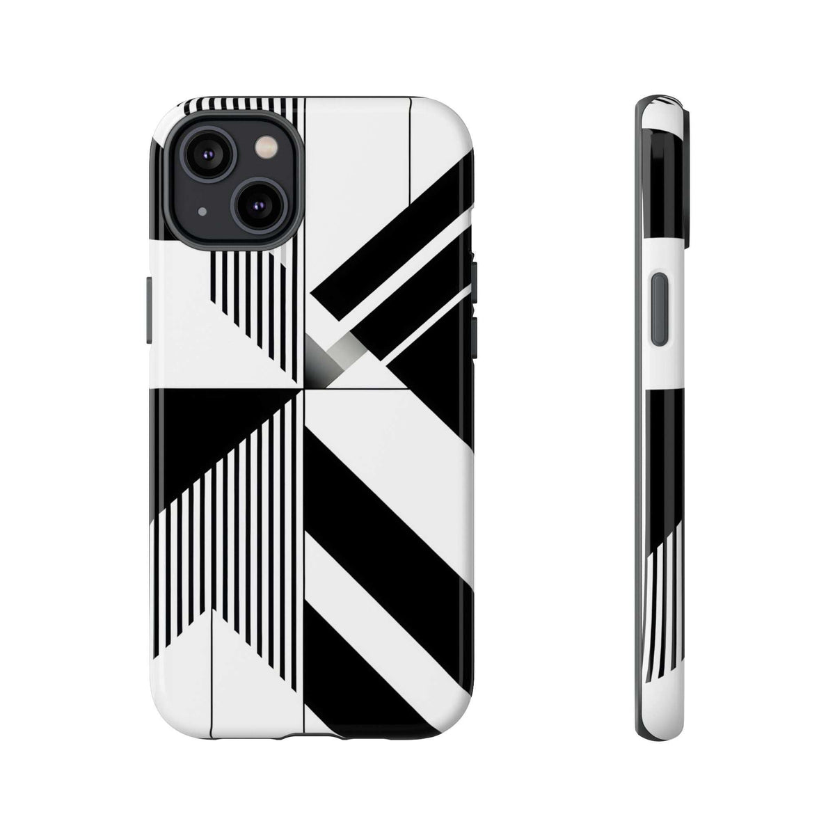 Monochrome tough phone case with black-and-white geometric stripe pattern, camera cutout